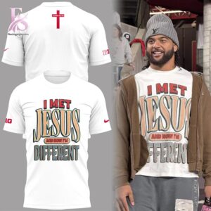 High-resolution image of the I MET JESUS AND NOW I M DIFFERENT Ohio State T Shirt suitable for online product display.