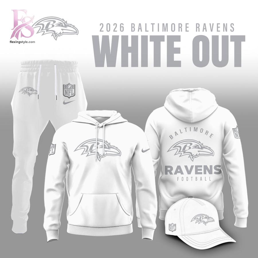 Casual and fashionable outfit suitable for all seasons Baltimore Ravens 2026 Winter White Out Hoodie 1.