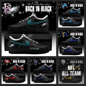 High-quality image focusing on the details of Choose Your Team NFL Back In Black 2025 Air Force Shoes 1.