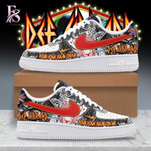 The Def Leppard Pour Some Sugar on Me Air Force Shoes shown with a modern and casual look.