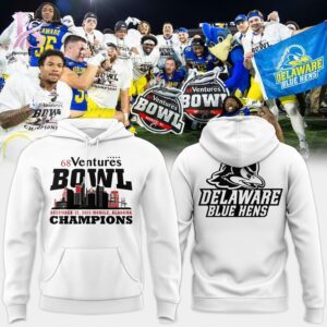 High-quality image focusing on the details of Delaware Blue Hens Football Ventures Bowl Bowl Champions Hoodie.