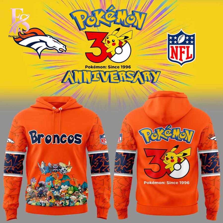Comfortable and fashionable clothing item ideal for street style in Denver Broncos Pokemon 30th Anniversary Hoodie 1