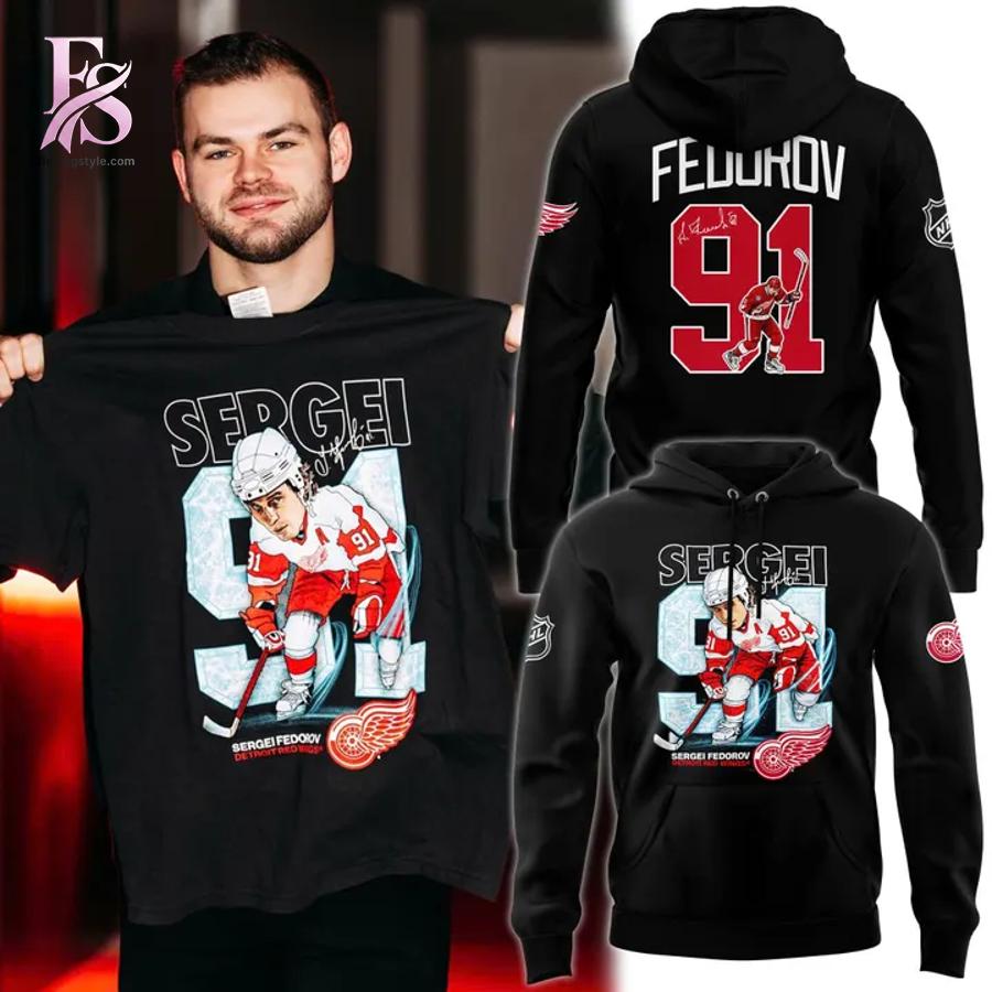 High-quality image focusing on the details of Detroit Red Wings Sergei Fedorov Hoodie 1.