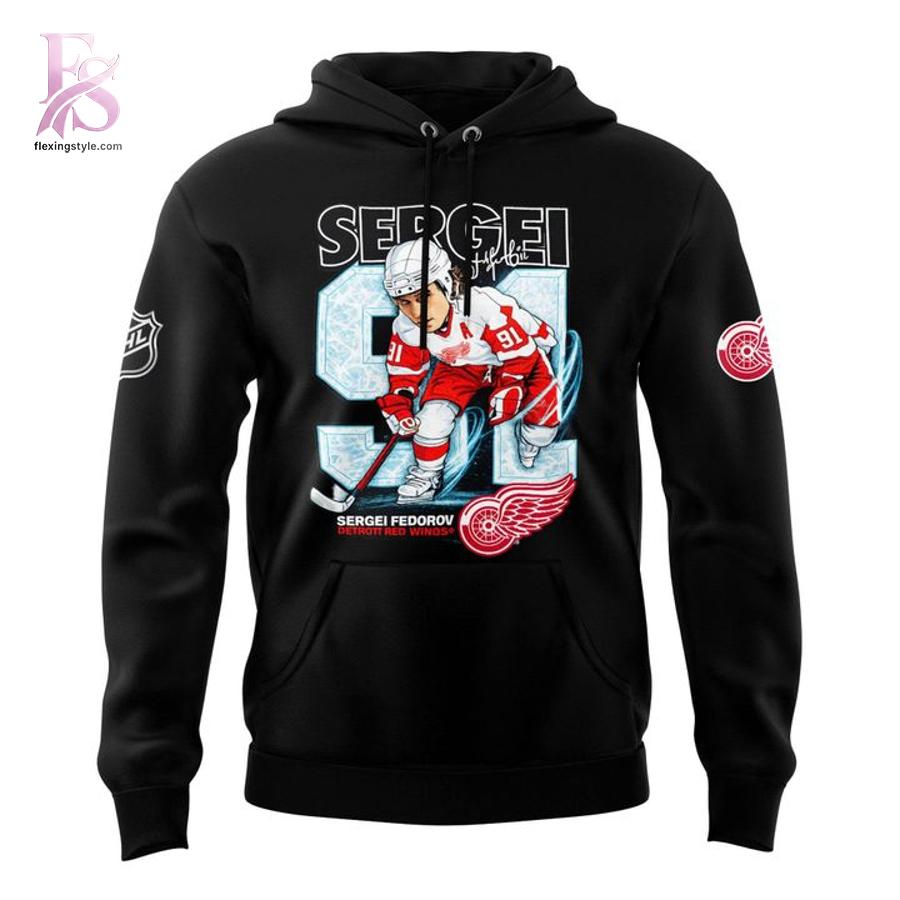 High-quality image focusing on the details of Detroit Red Wings Sergei Fedorov Hoodie 2.