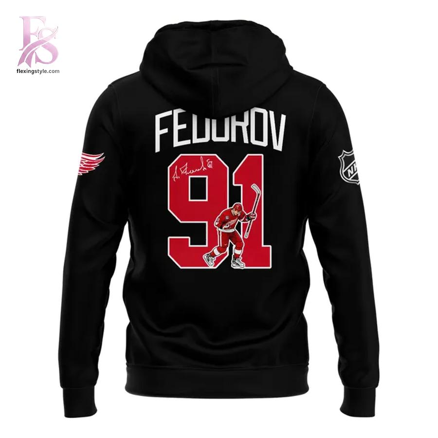 High-quality image focusing on the details of Detroit Red Wings Sergei Fedorov Hoodie 3.