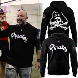 High-quality image focusing on the details of ECU Pirates Military Bowl Coach Blake Harrell Sideline Hoodie.