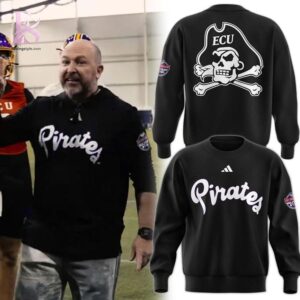 High-quality image focusing on the details of ECU Pirates Military Bowl Coach Blake Harrell Sideline Hoodie.
