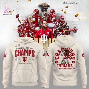 High-quality image focusing on the details of Indiana Hoosiers Champions 2025 Peach Bowl Hoodie 1.