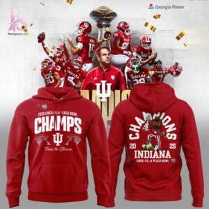 High-quality image focusing on the details of Indiana Hoosiers Champions 2025 Peach Bowl Hoodie 4.