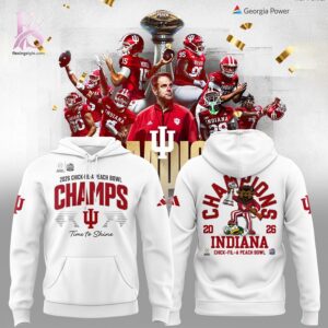 High-quality image focusing on the details of Indiana Hoosiers Champions 2025 Peach Bowl Hoodie 6.