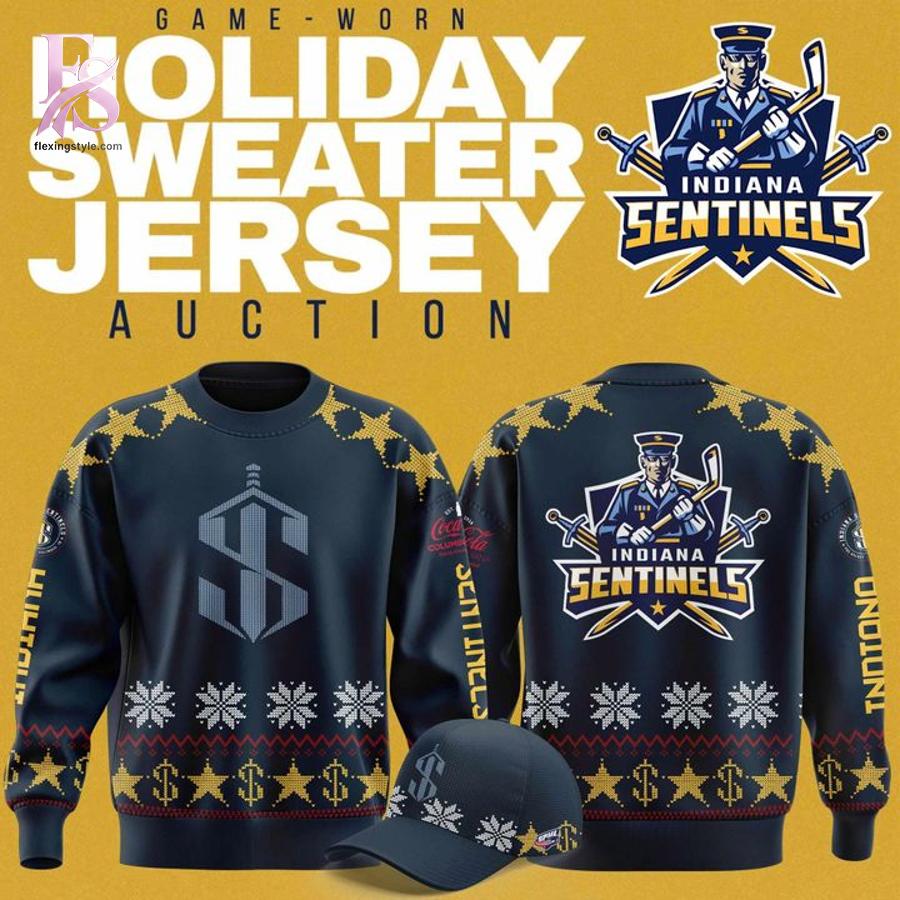 Visual preview of Indiana Sentinels Game worn Holiday Sweater Jersey Action Hoodie 2 suitable for online shopping.