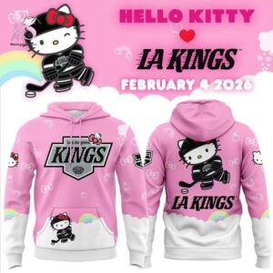 High-quality image focusing on the details of Los Angeles Kings Hello Kitty 2026 Hoodie 1.
