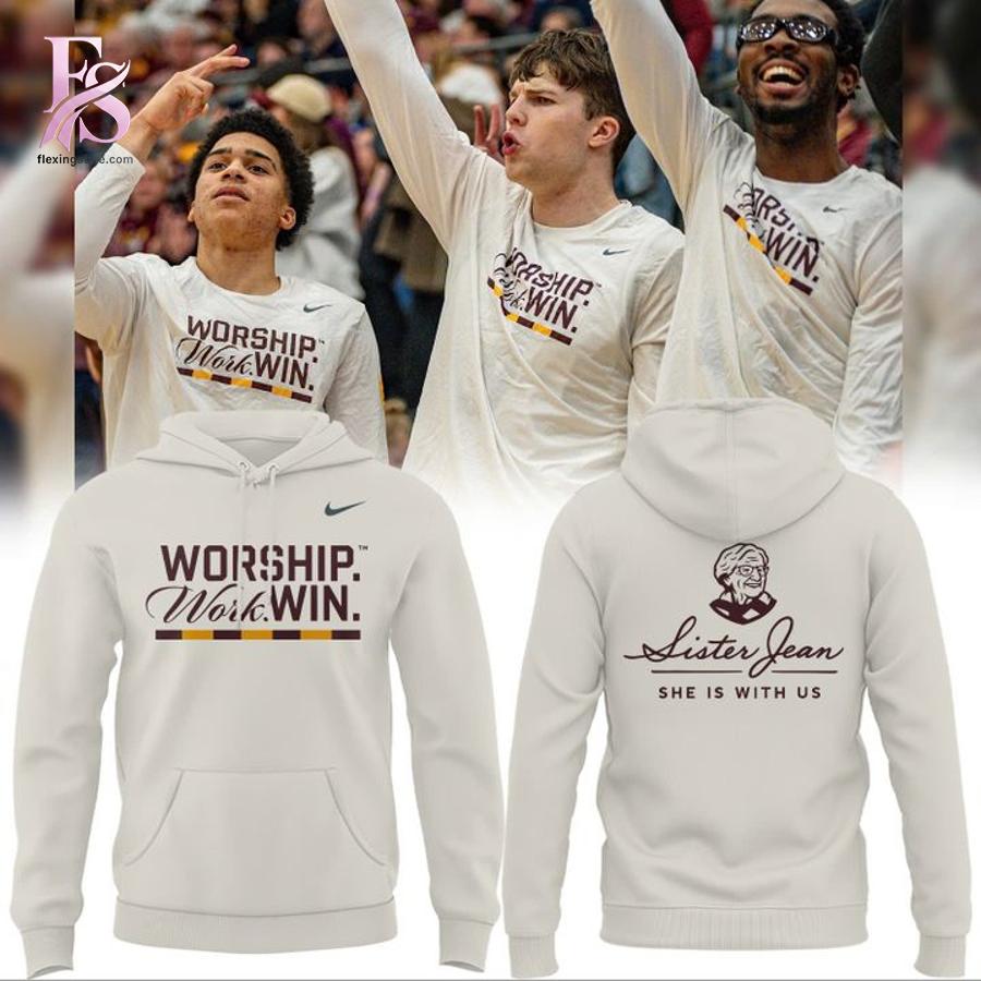 Fashion product showcasing a modern and stylish design suitable for everyday wear Loyola Ramblers Store Sister Jean Worship Work Win Hoodie 1