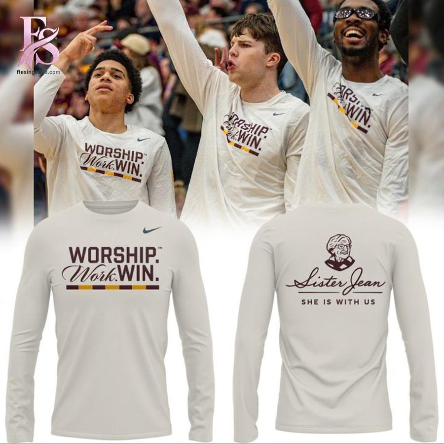 Fashion product showcasing a modern and stylish design suitable for everyday wear Loyola Ramblers Store Sister Jean Worship Work Win Hoodie 2