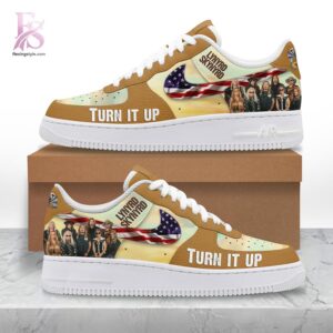High-quality image focusing on the details of Lynyrd Skynyrd Turn It Up Air Force Shoes.