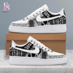 High-quality image focusing on the details of My Chemical Romance we ll carry on Air Force Shoes.
