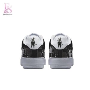 High-quality image focusing on the details of My Chemical Romance we ll carry on Air Force Shoes.