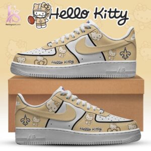 High-quality image focusing on the details of New Orleans Saints Hello Kitty Air Force Shoes.