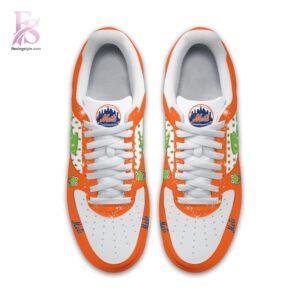 High-quality image focusing on the details of New York Mets The Muppets Air Force Shoes.