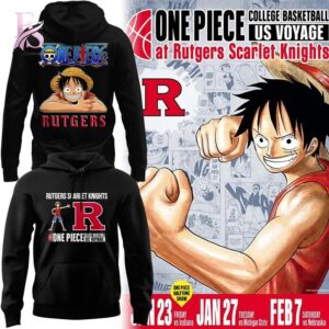 High-quality image focusing on the details of One Piece Rutgers Scarlet Knights Hoodie 1.