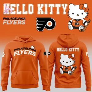 High-quality image focusing on the details of Philadelphia Flyers x Hello Kitty Night Hoodie.
