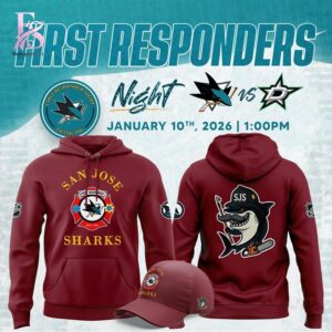 High-quality image focusing on the details of San Jose Sharks 2026 First Responders Night Hoodie 3.