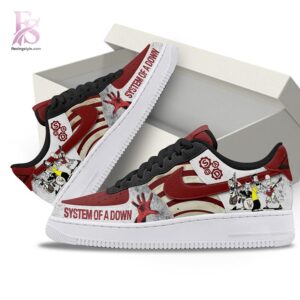 High-quality image focusing on the details of System of A Down Air Force Shoes.
