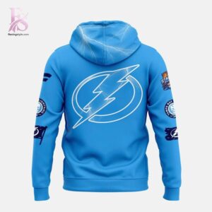 High-quality image focusing on the details of Tampa Bay Lightning 2026 Stadium Series Fanatics Sky Blue Hoodie 3.