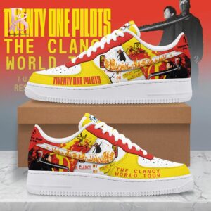 High-quality image focusing on the details of Twenty One Pilots The Clancy World Tour Air Force Shoes.