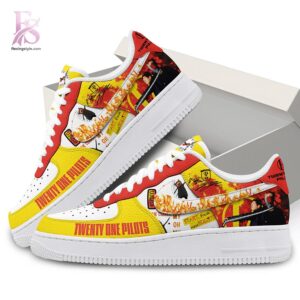 High-quality image focusing on the details of Twenty One Pilots The Clancy World Tour Air Force Shoes.