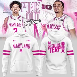 Clear visual showing the style of 2026 Pink Out Uniform Maryland Terrapins Men s Basketball Hoodie 1.