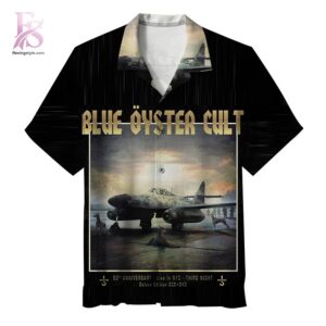 Detailed product photo of Blue yster Cult Hawaiian Shirt 1 with eye-catching graphics.
