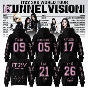 An exclusive team spirit fashion item with vibrant printing and sleek finishing in ITZY 3rd World Tour Tunnel Vision Hoodie 1