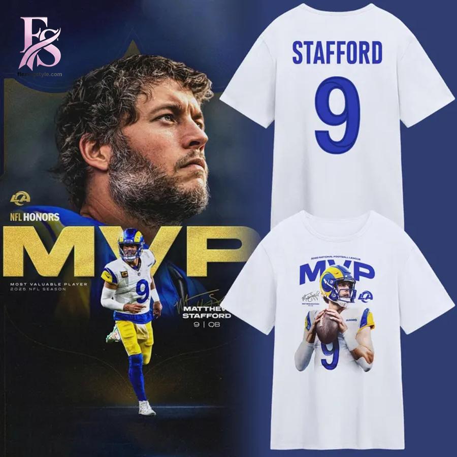 Stylish streetwear outfit featuring modern casual layering in Los Angeles Rams Matthew Stafford MVP Shirt 1 perfect for everyday fashion looks