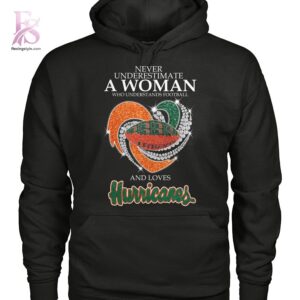 Trendy minimalist fashion piece showcased in Never underestimate a woman who understands football and loves Miami Hurricanes Shirt 2 designed for versatile wardrobe styling