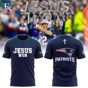 Minimalist fashion apparel designed for casual and streetwear looks shown in New England Patriots Jesus Won Shirt 3