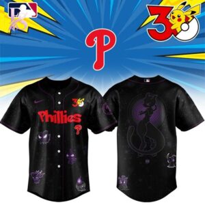 Detailed front view of Philadelphia Phillies Pokemon 30th Anniversary 2026 Baseball Jersey 1 showing vibrant colors and clean finishing.