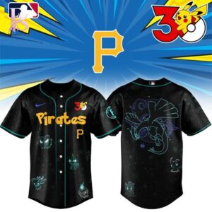 Detailed front view of Pittsburgh Pirates Pokemon 30th Anniversary 2026 Baseball Jersey 1 showing vibrant colors and clean finishing.