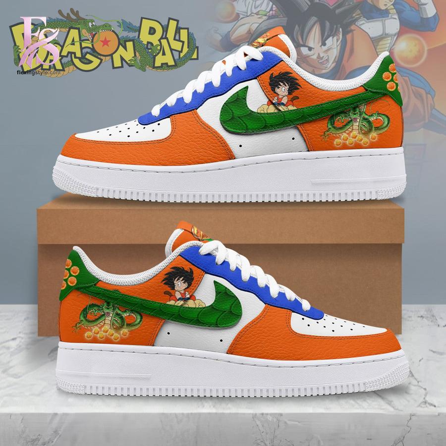 Detailed front view of Son Goku Dragon Ball Air Force Shoes 1 showing vibrant colors and clean finishing.