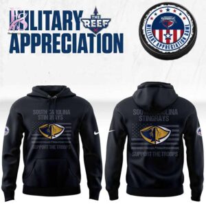 An exclusive team spirit fashion item with vibrant printing and sleek finishing in South Carolina Stingrays Military Appreciation Night Hoodie 1
