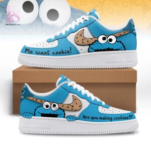 Detailed front view of The Muppets Cookie Monster Air Force Shoes 1 showing vibrant colors and clean finishing.