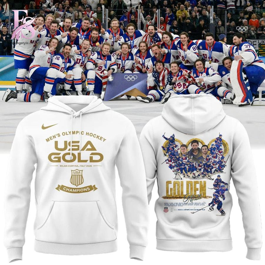 Stylish streetwear outfit featuring modern casual layering in USA Men s National ICE Hockey Team 2026 Olympic Gold Hoodie 1 perfect for everyday fashion looks