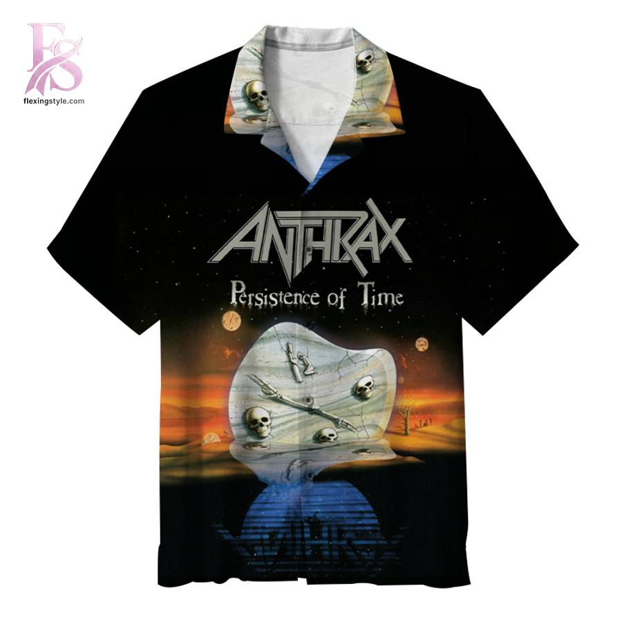 Unisex Hawaiian shirt designed with exotic floral motifs and comfortable relaxed silhouette – Anthrax Album Persistence of Time Hawaiian Shirt 1