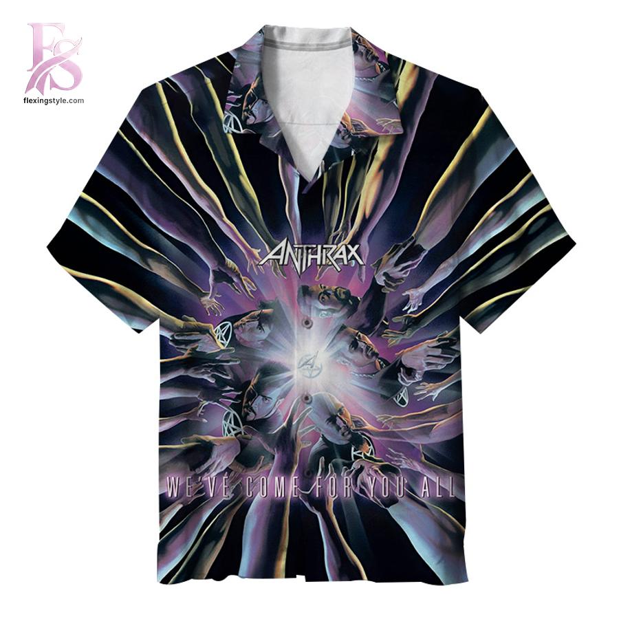 Unisex Hawaiian shirt designed with exotic floral motifs and comfortable relaxed silhouette – Anthrax Album We ve Come for You All Hawaiian Shirt 1