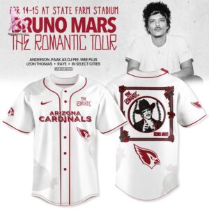 Trendy outfit showcased in Arizona Cardinals Bruno Mars The Romantic Tour 2026 Jersey 1, combining contemporary fashion style with premium materials for a standout appearance.