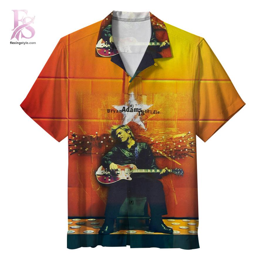 Detailed view of a fashionable apparel design in Bryan Adams 18 til I Die Hawaiian Shirt 1, capturing the texture, colors, and stylish elements of the garment.