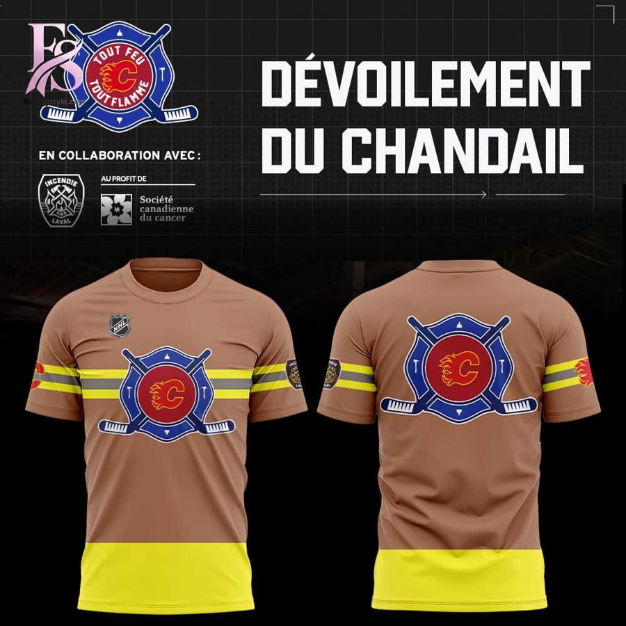 Detailed view of a fashionable apparel design in Calgary Flames Fire Safety Service Shirt 1, capturing the texture, colors, and stylish elements of the garment.
