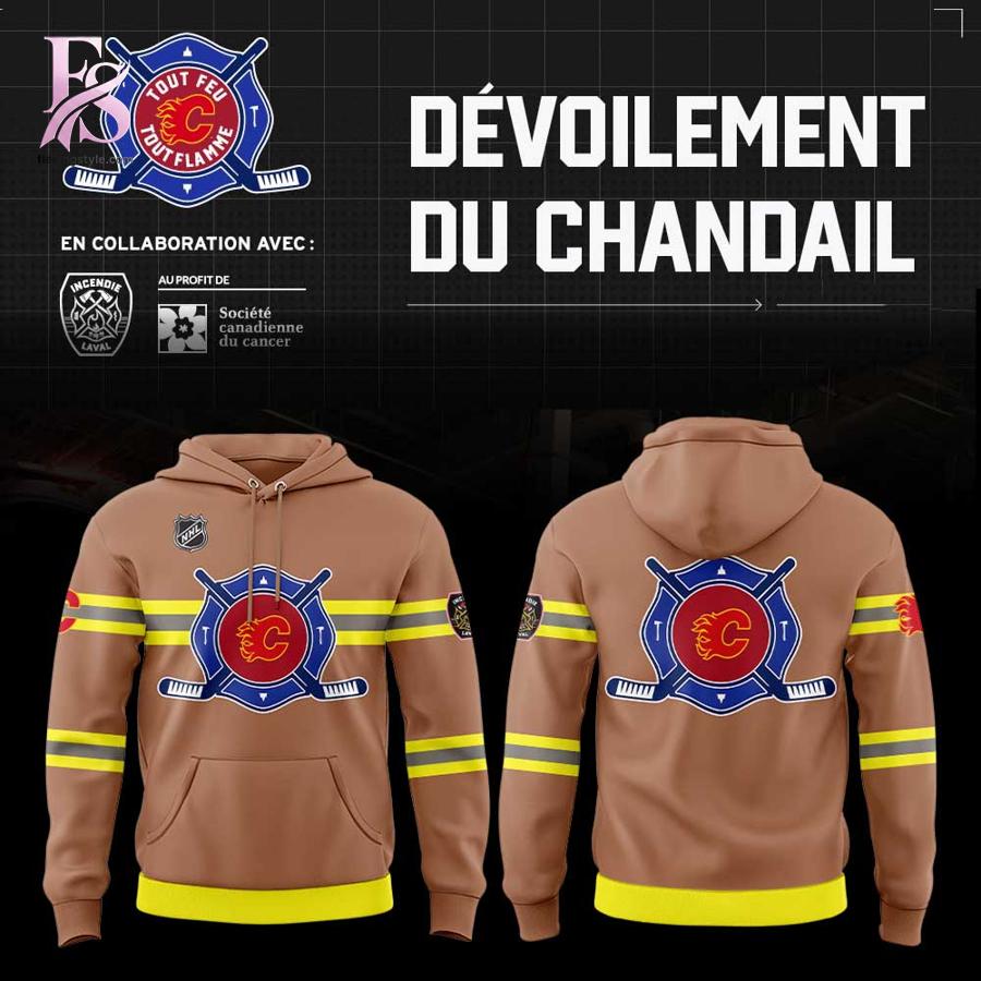 Detailed view of a fashionable apparel design in Calgary Flames Fire Safety Service Shirt 2, capturing the texture, colors, and stylish elements of the garment.