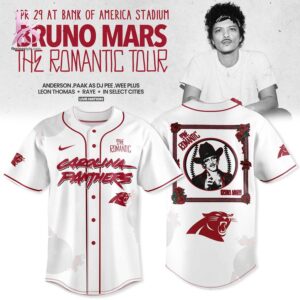 Clear product photo of Carolina Panthers Bruno Mars The Romantic Tour 2026 Baseball Jersey 1 showing a stylish design and comfortable everyday look.