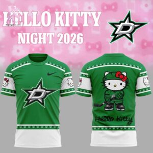 Detailed view of a fashionable apparel design in Dallas Stars Hello Kitty Night Shirt 1, capturing the texture, colors, and stylish elements of the garment.
